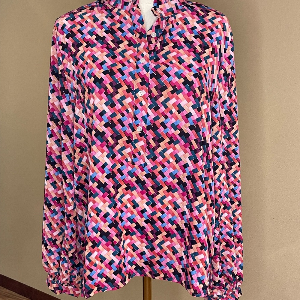 The Shirt by Rochelle Behrens Pink and Blue Geometric Blouse